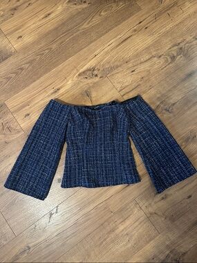Zara Tweed Off Shoulder Peplum Top Navy Blue Bell Sleeve Women’s Small NWT